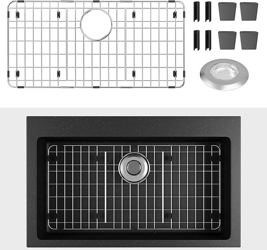Stainless Steel Sink Protector 27.5" x 13.5" with Rear Drain, Metal Sink Rack for Bottom of Sink, Kitchen Sink Grate and Sink Protectors with Sink Strainer (27.5" x 13.5" - Rear Drain)