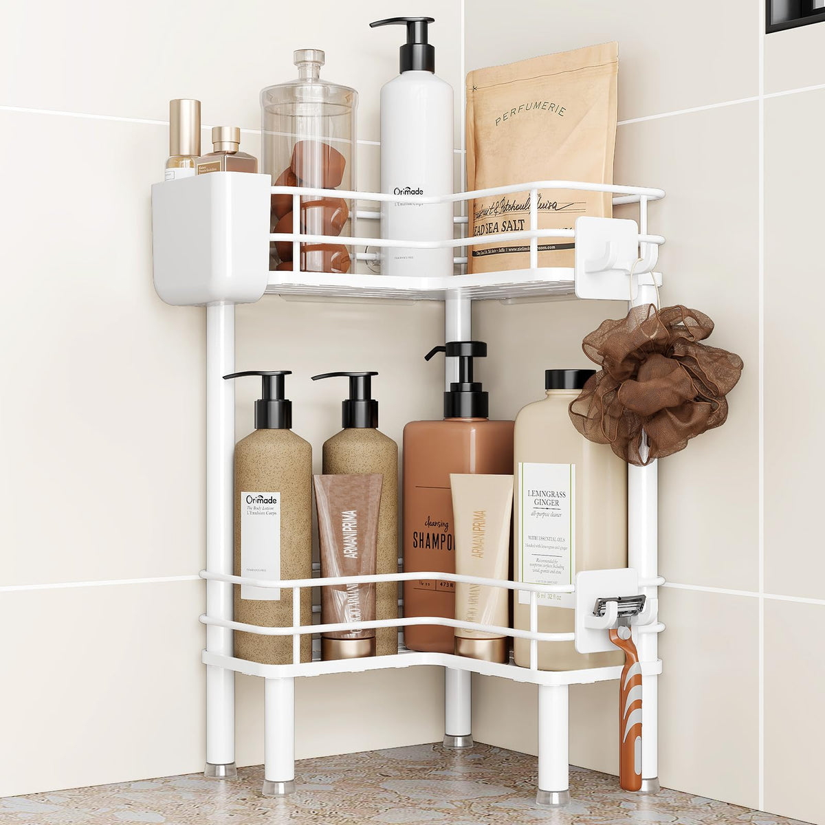 Orimade Rustproof 2 Tier Floor Standing Corner Shower Caddy - Image 1