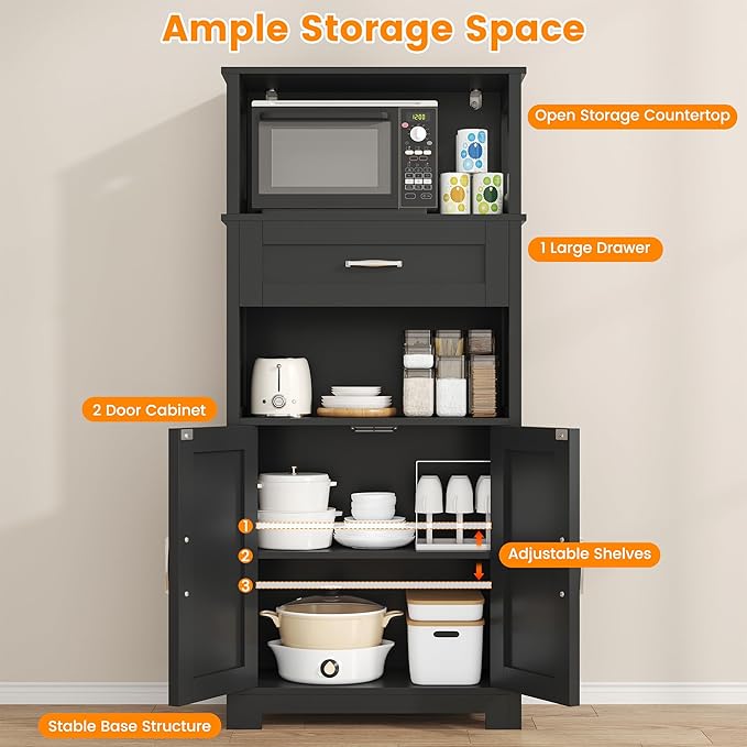 Semoic 55" Farmhouse Kitchen Pantry Cabinet, 5-Tier Pantry Storage Cabinet with 2 Barn Doors and Drawer, Tall Sideboard Buffet Cupboards Storage Shelf for Home Office Use (Black 12" D x 24" W x 55" H)