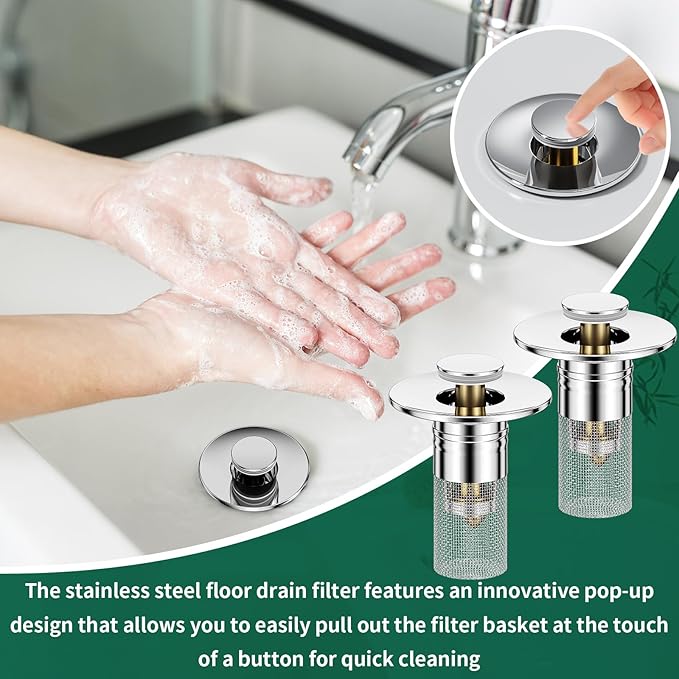 3 in 1 Sink Drain Strainer with Hair Catcher,2PCS Stainless Steel Popup Sink Stopper with Basket for Bathroom Kitchen Shower,Pop-up Bounce Core Floor Basin Drain Filter,Replacement Sink Plug