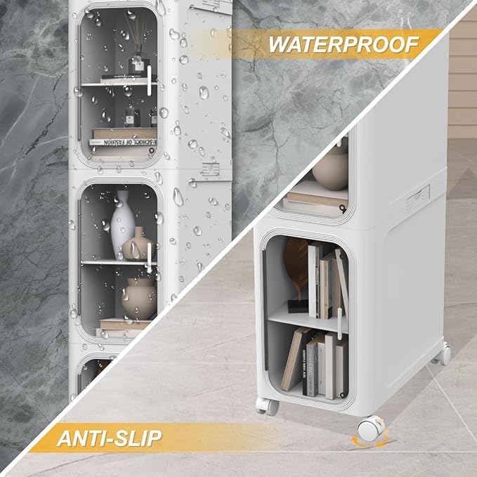 Slim Tall Bathroom Cabinet, Plastic Tall Narrow Cabinet with Doors and Shelves, Floorstanding Skinny Cabinets with Wheels, 4 Tier Corner Bathroom Organizer for Small Space