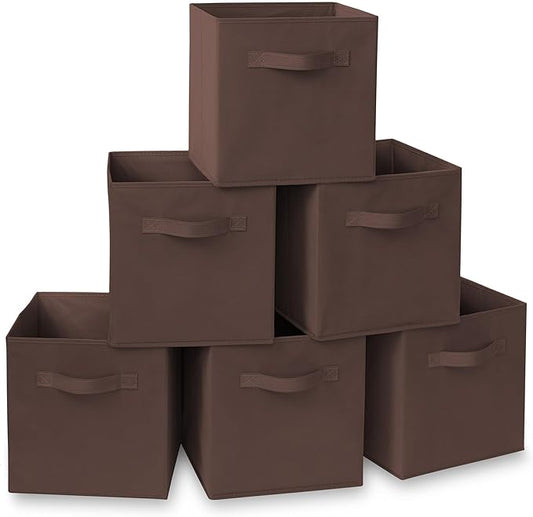 Casafield Set of 6 Collapsible Fabric Cube Storage Bins, Brown - 11" Foldable Cloth Baskets for Shelves, Cubby Organizers & More