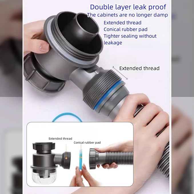 One Sink Kitchen Drainage Kit Space Saving Flexible Drain Pipe Flexible P-Trap Drain Strainer with 3-1/2 Inch Kitchen Sink Drain Assembly kit，Suitable for Kitchen, Bathroom, RV