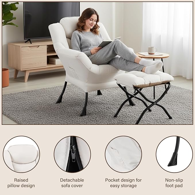 Welnow Lazy Chair with Ottoman, Modern Reading Lounge Accent Chair with Armrests and a Side Pocket, Leisure Upholstered Lazy Sofa Set with Footrest for Small Space, Beige