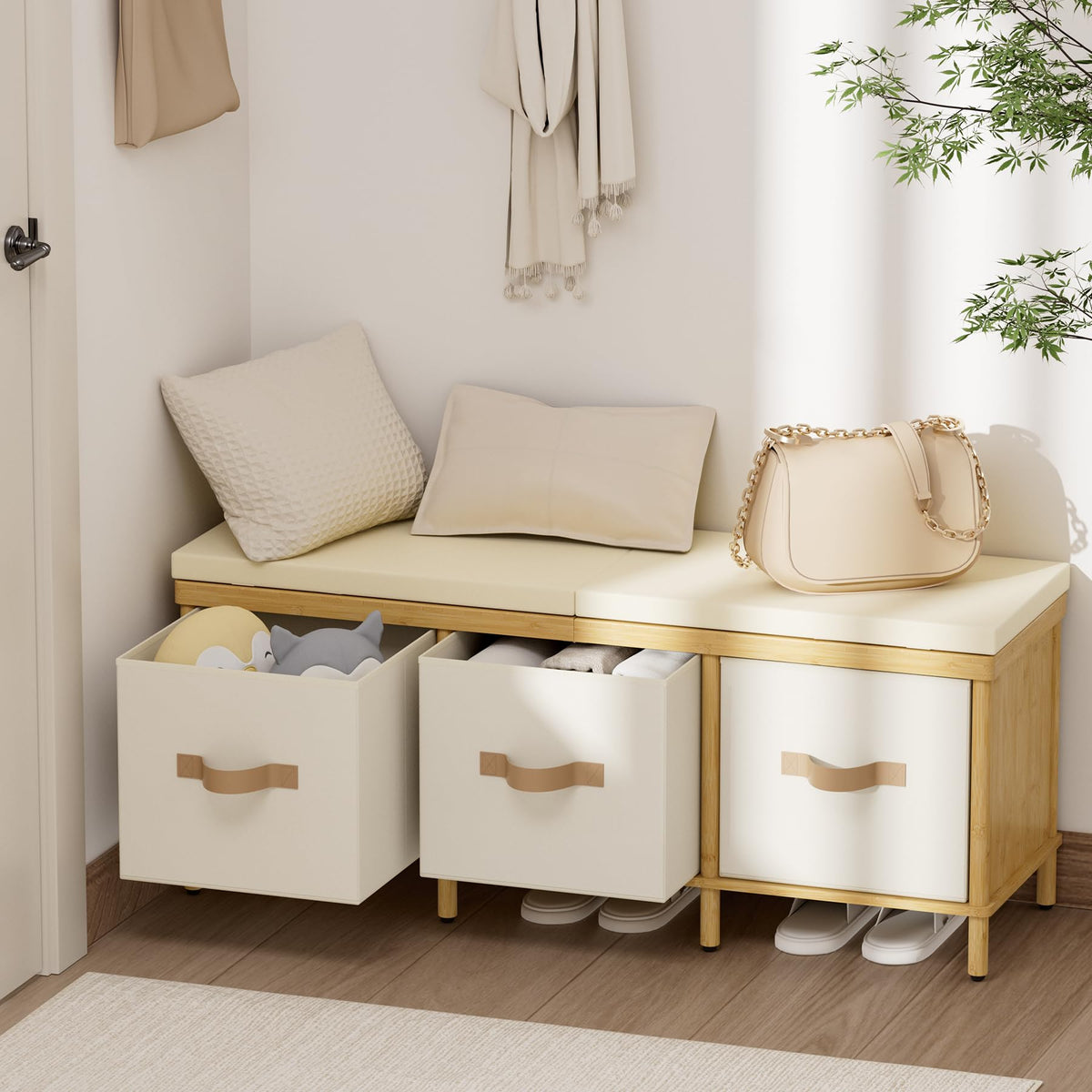 Shoe Bench, 43.3" Storage Bench, Entryway Bench with Cushion Seat - Image 1