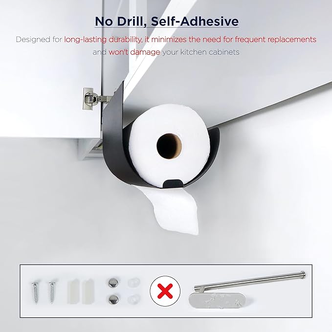 Paper Towel Holder - Under Cabinet, No-Drill Self-Adhesive Hanging Rack, Easy Tear, Space-Saving Sleek Metal Kitchen Roll Dispenser, Wall-Mount Look, Kitchen Storage & Organization - Black