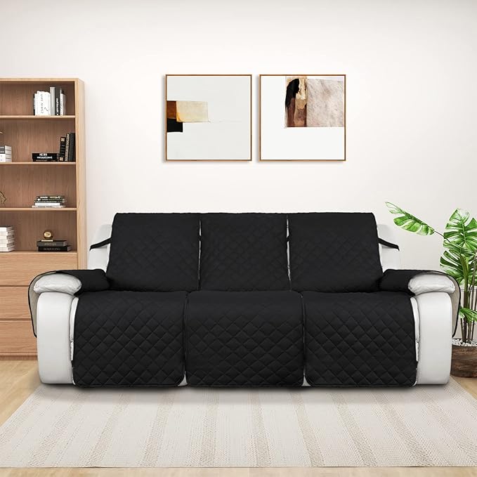 PureFit Water Resistant Reversible Sofa Covers for Reclining Sofa 3 Seat - Non Slip Split Recliner Couch Cover for 3 Cushion Couch, Washable Furniture Protector for Kids, Dogs (3 Seat, Black/Beige)