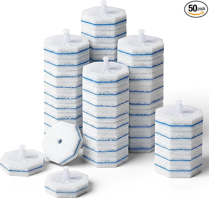 Disposable toilet wand refills (50 pack) compatible with Clorox, secure lock no-slipping design, instant foam cleaning scrubber pads, odor neutralizing refills
