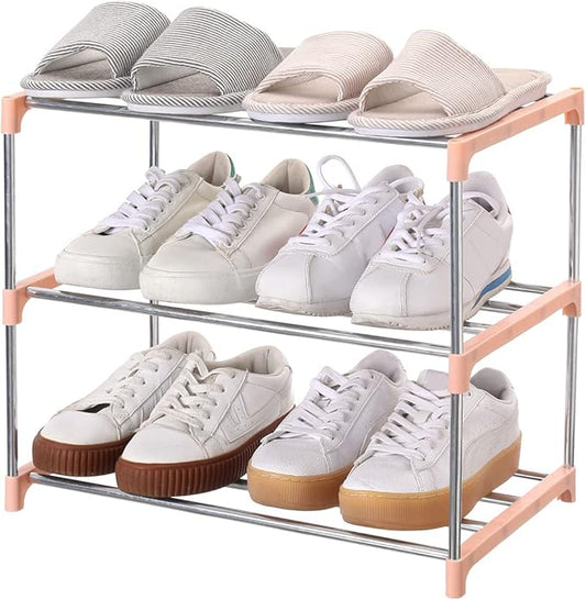 Stackable Small Shoe Rack, Entryway, Hallway and Closet Space Saving Storage and Organization (3-Tier, Pink)