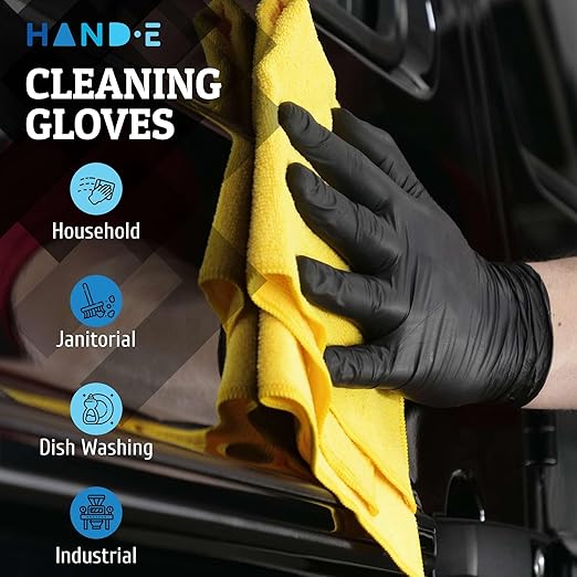 Hand-E Touch Disposable Black Nitrile Gloves Large - 200 Count - Heavy Duty 5 Grams Thick Industrial Grade - Powder Free, Latex Free, Textured Grip, Extra Length Cuff - BBQ, Hot Food Prep, Cleaning