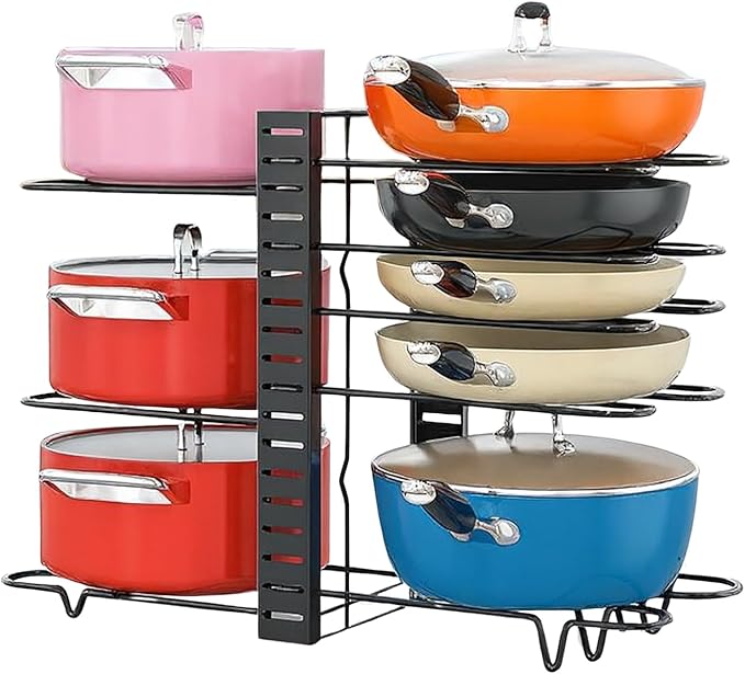 Pots and Pans Organizer for Cabinet, 3-in-1 Adjustable Cookware Storage Rack System, 8 Tier Pot Organizers Rack, Adjustable Pan Organizer under Cabinet Kitchen Organization and Storage 16.5 Height.