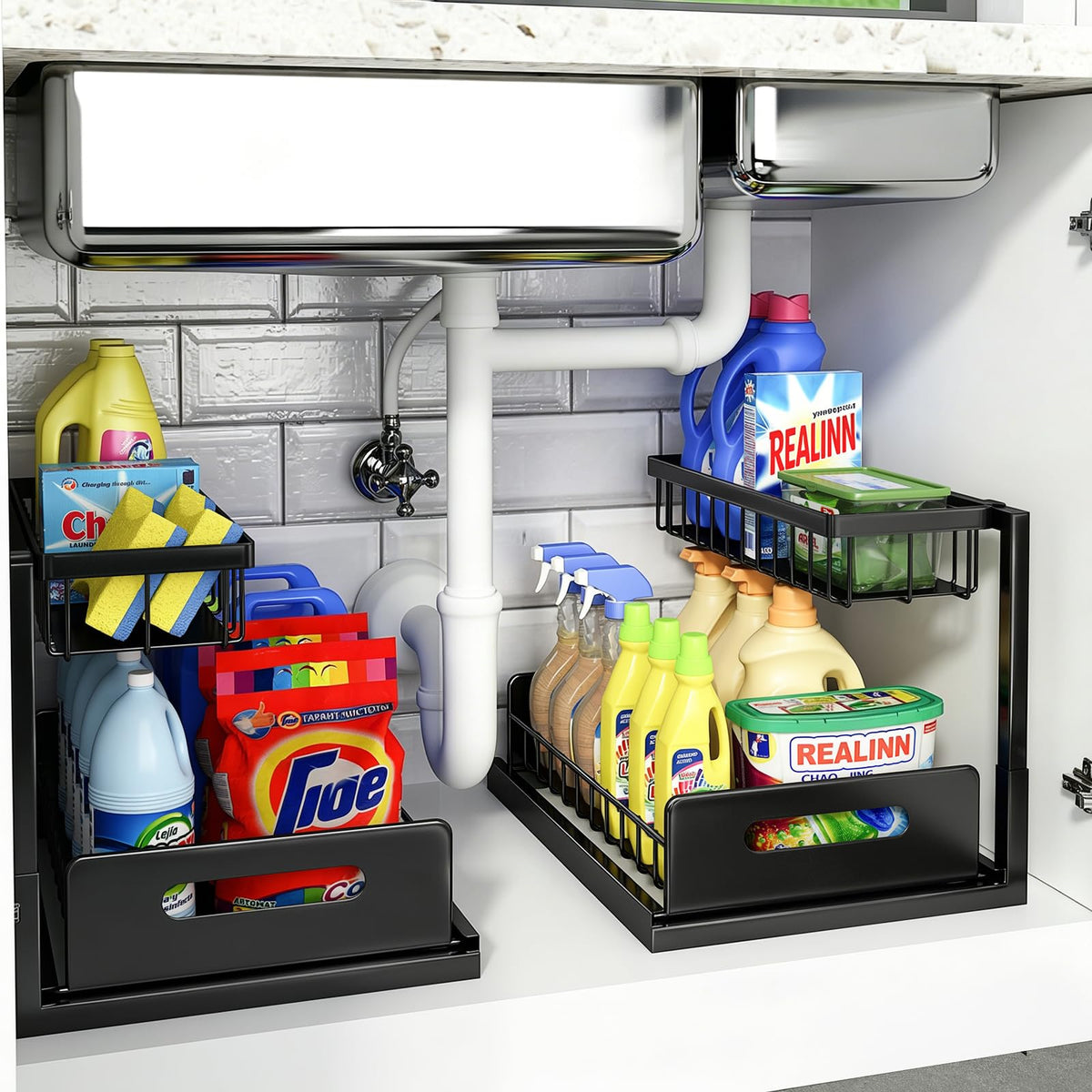 REALINN Under Sink Organizer, L-Shaped 2 Tier Pull Out Cabinet - Image 1