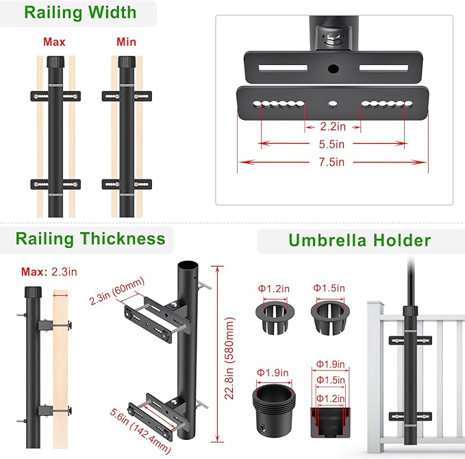 Dolibest Heavy Duty Patio Umbrella Holder, Space Saver Umbrella Holder, Adjustable Umbrella Deck Mount for Railing, Full Welded Construction-Sturdy and Easy to Install for Patio, Deck, Poolsid
