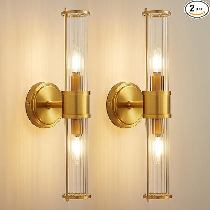 Gold Wall Sconces Set of Two - Modern Bathroom Sconce Indoor Industrial Wall Sconce Vanity Light Wall Light Up and Down Wall Mount Lamp for Bathroom Bedroom (Without Bulb)