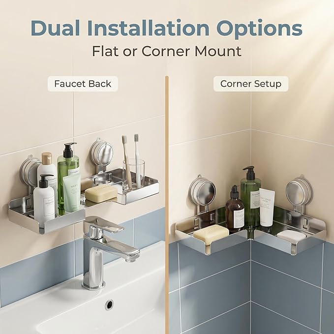Stainless Steel Shower Shelf 2-in-1 20" Straight & L-Shaped Corner Mount – Heavy Duty Suction Cup Organizer, No-Drilling Fits Behind Faucet, Rustproof Wall Caddy for Bathroom Kitchen Shower Storage