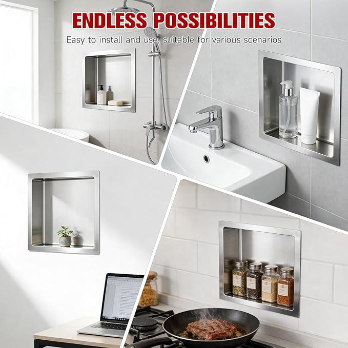 No Tile Needed Shower Niche 13"X 13", Bathroom Wall Niche Single Shelf, Stainless Steel Shower Niche for Bathroom, Kitchens, Balconies