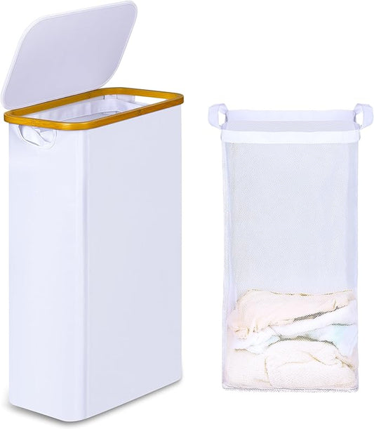 60L Slim Laundry Hamper, Narrow Laundry Basket with Lid,Foldable Clothes Hamper with Bamboo Handles,Hamper Basket with Removable Inner Bag for Laundry Room Bedroom College Dorm,15.85 Gals White