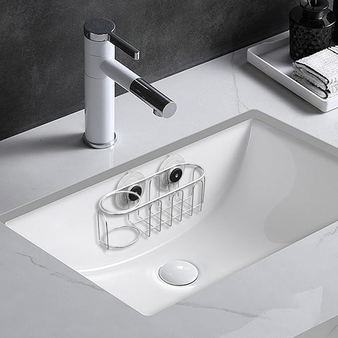 Sink Sponge Holder, Magnetic Kitchen Sink Caddy, 304 Stainless Steel Sink Brush Holder+Sponge Holder, Sink Drain Frame- Silver (Traceless suction cup)