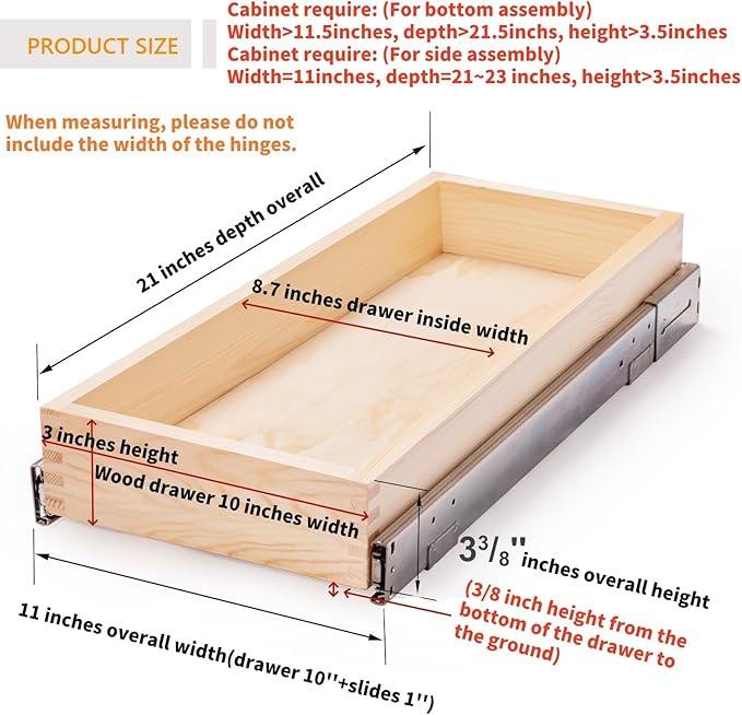 10”W x 21”D x 3”H Soft Close Slide Out Wood Drawer Organizer for Kitchen, (Cabinet Opening>11.5 inches for Bottom Assembly, Opening= 11 inches for Side Assembly)