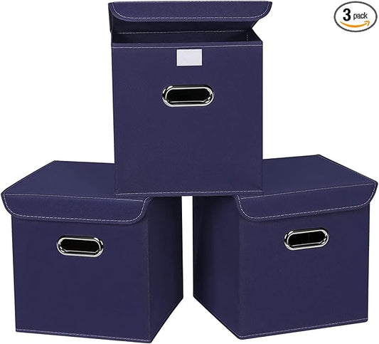 Closet Organizers Fabric Storage Bins With Lids Collapsible Cube Storages Organizer Basket With Handles,Storage Boxes for Clothes Storage,Office,Toys,3 Pack,（Navy Blue