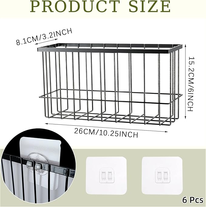 3 Pcs Adhesive Refrigerator Organizer Baskets Metal Shelf Rack and Adhesive Holder with 2 Types of Installation for Storage in Kitchen, Bathroom, Office, or Laundry (Black)