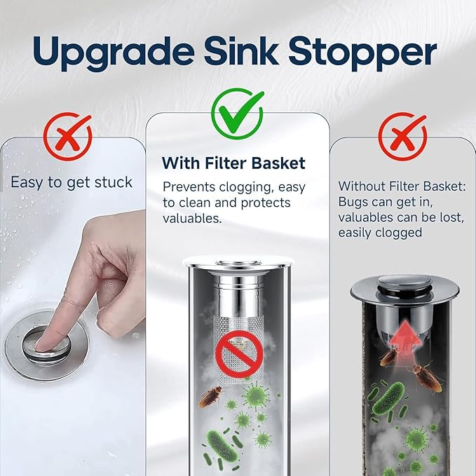 Pop Up Sink Drain Strainer, Bathroom Sink Drain Stopper with Removable Stainless Steel Drain Hair Catcher Basket, Universal Bathroom Sink Stopper Replacement, Drain Plug Filter (4PCS)