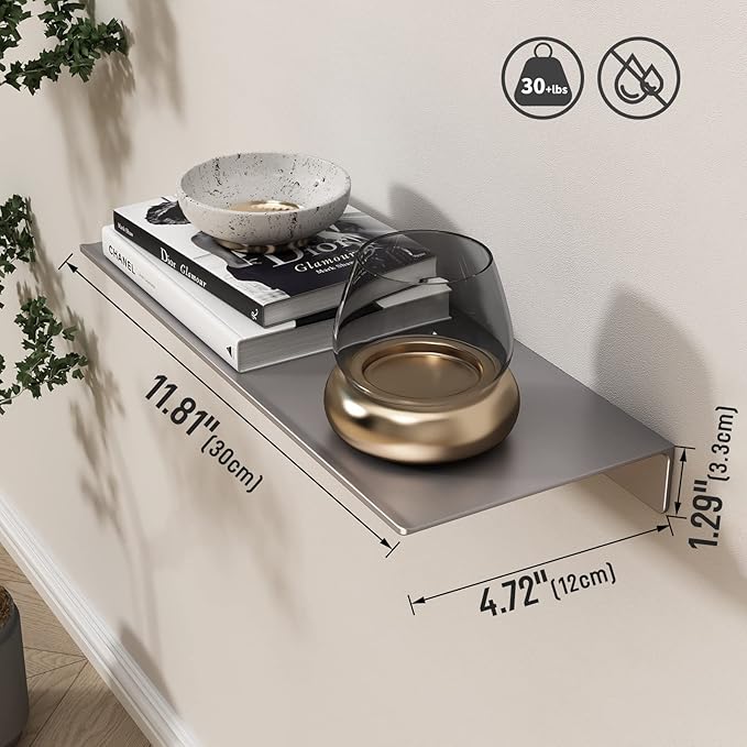 Danpoo Adhesive Floating Shelves for Wall Storage, Metal Wall Shelves for Living Room, Bathroom, Kitchen, 12” Small Display Shelves for Collectibles(Grey, 2 PCS)