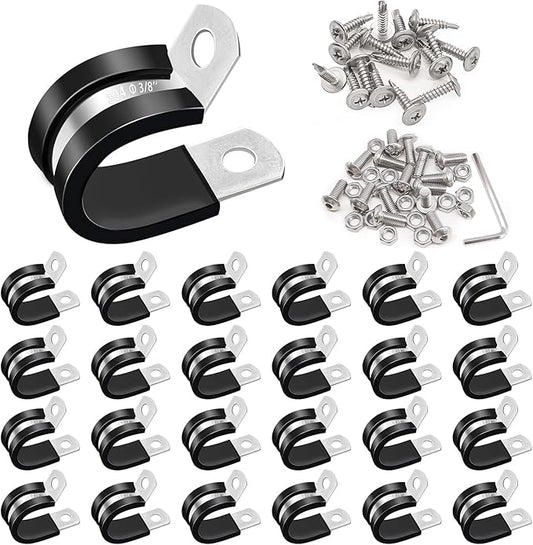 Taiss 50PCS 3/8 Inch Cable Clamps 304 Stainless Steel Rubber Cushion Insulated Wire Clamps,Pipe Clamps,Loop Clamps,Hose Clamp,Metal Rubber Clips With Two Kinds Of Screws(10mm) F-098-10mm