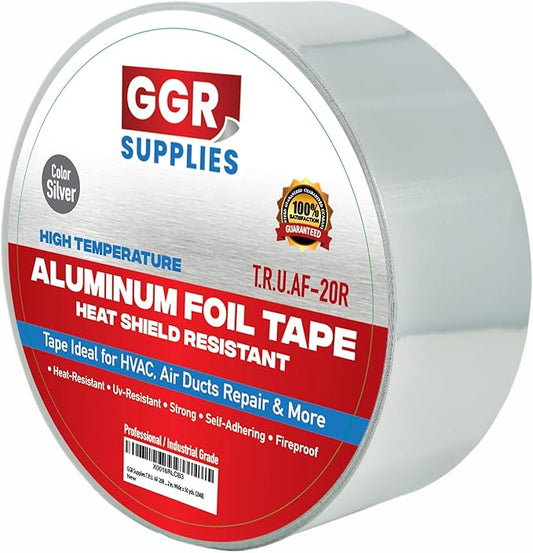 GGR Supplies AF-20R Professional/Industrial Grade High Temperature Heat Shield Resistant Aluminum Foil Tape Ideal for HVAC, Air Ducts Repair & More (3.6Mil): 2 in. Wide x 50 yds.