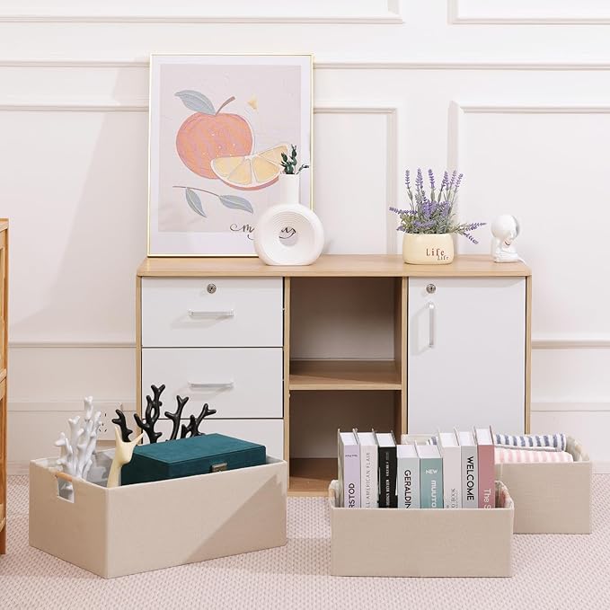 ANMINY 6PCS Storage Baskets for Organizing Collapsible Fabric Storage Bins Boxes with Wood Handles Closet Shelves Cube Organizer Bins Clothes Laundry Storage Container - Small, Beige