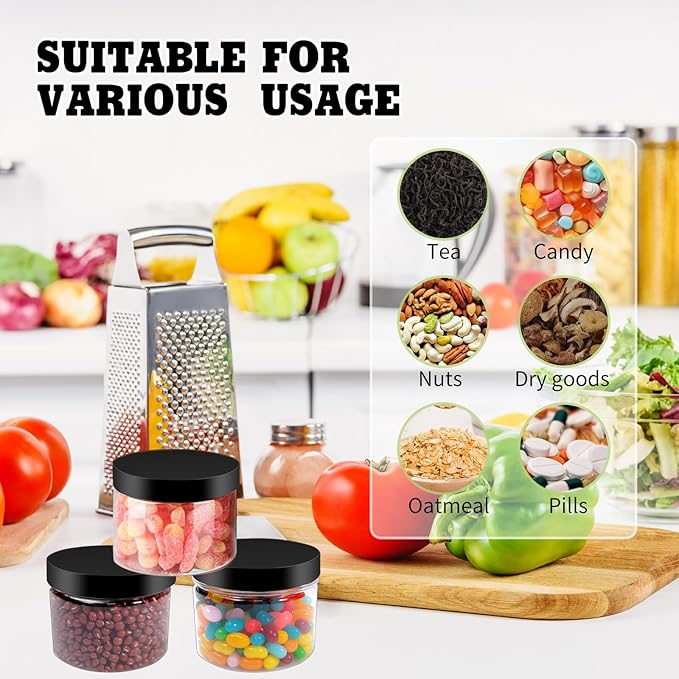 60 Pcs 10 oz Clear Plastic Jars Containers Cylinder Round Containers Airtight Screw Wide Mouth Storage Jars with Lids for Food Kitchen Honey Butter Cosmetics(Black)