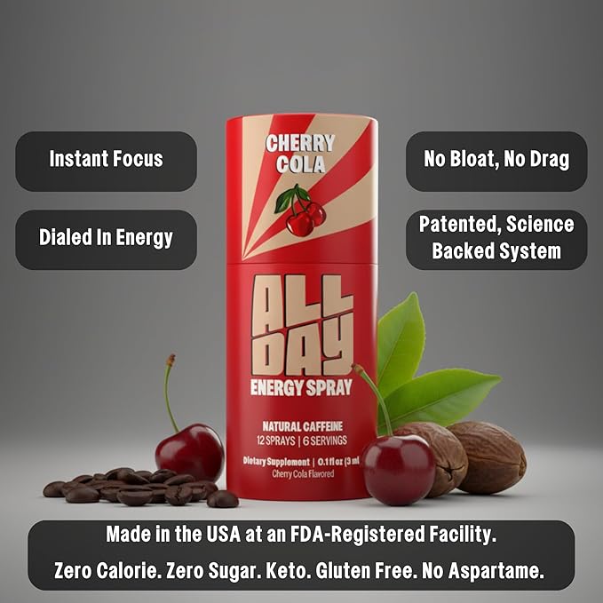 ALLDAY Focus + Energy Spray | Natural Caffeine + L-Theanine + Essential Vitamins | 0 Calorie, 0 Sugar | 12 Spray Bottle | Faster, Cleaner, Smoother Energy (4 Pack Strawberry)