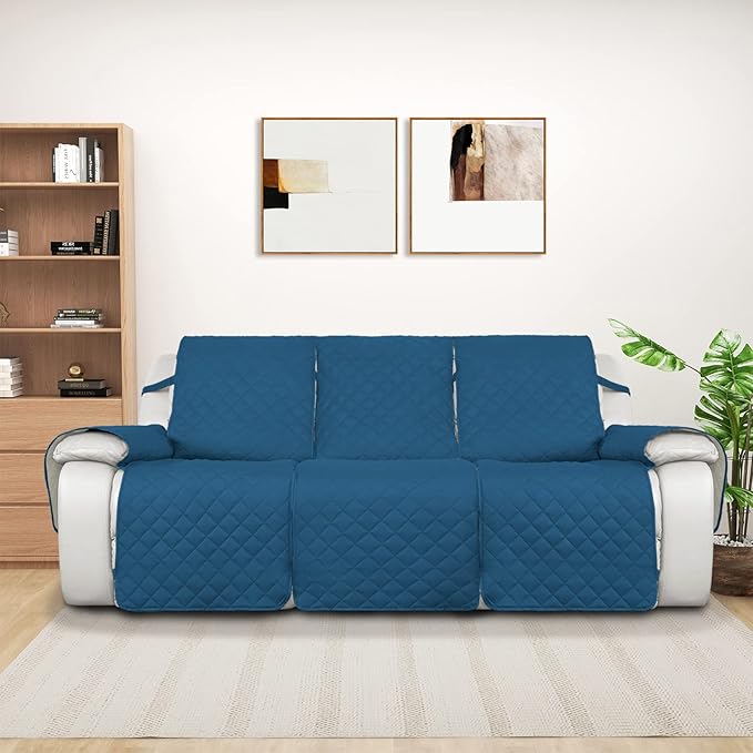 PureFit Water Resistant Reversible Sofa Covers for Reclining Sofa 3 Seat - Non Slip Split Recliner Couch Cover for 3 Cushion Couch, Washable Furniture Protector for Kids, Dogs (Peacock Blue/Beige)