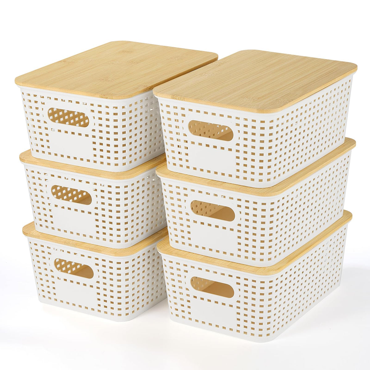 Ohmlove 6 Pack Plastic Storage Baskets with Bamboo Lids - Image 1