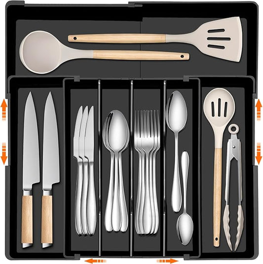 Large Kitchen Silverware Organizer - Expandable 17.2" x 17.9" Adjustable Drawer Tray, 4-7 Compartments for Maximum Storage, BPA-Free, Black,L