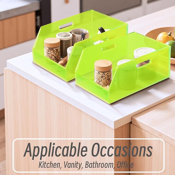 Gelite Stackable Storage Bins Open Front Organizer Bins with Handles Acrylic Storage Container for Pantry Kitchen Cabinet Bathroom Closet Office Organization, 11.4x7.5x5.1'', Neon Green