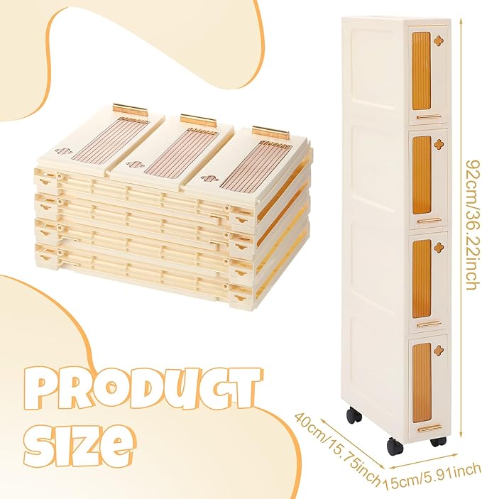 Weysat Narrow Bathroom Storage Cabinet with Wheels Slim Storage Organizer with Transparent Doors and Shelves for Small Space, Bathroom, Bedroom, Kitchen(4 Tiers)