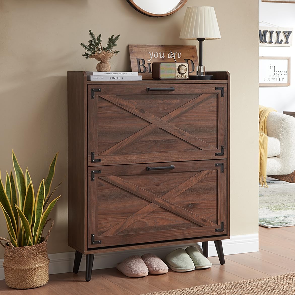 Farmhouse Shoe Storage Cabinet with 2 Flip Drawers & Barn Door - Image 1