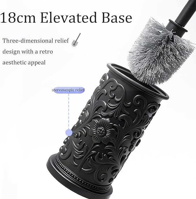 Black Toilet Brush and Holder Set, Floral Embossed Design Plastic Toilet Bowl Brush Set with Durable Bristles, Space-Saving Bathroom Cleaning Tool for Modern Decor