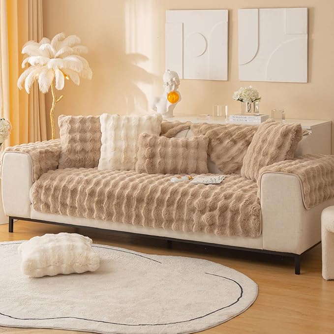 Soft Warm Faux Fur Couch Sofa Cover Thick Shaggy Fuzzy Sectional Couch Cover Non-Slip Solid Color Plush Sofa Slipcover Furniture Protector for Kids, Pets (Coffee,36"x36")