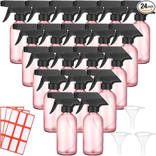 Norme 24 Pcs Glass Spray Bottles with Funnels and Labels 8 oz Refillable Cosmetic Empty Spray Containers with Trigger Squirt Containers for Essential Oil Cleaning Solutions (Pink)