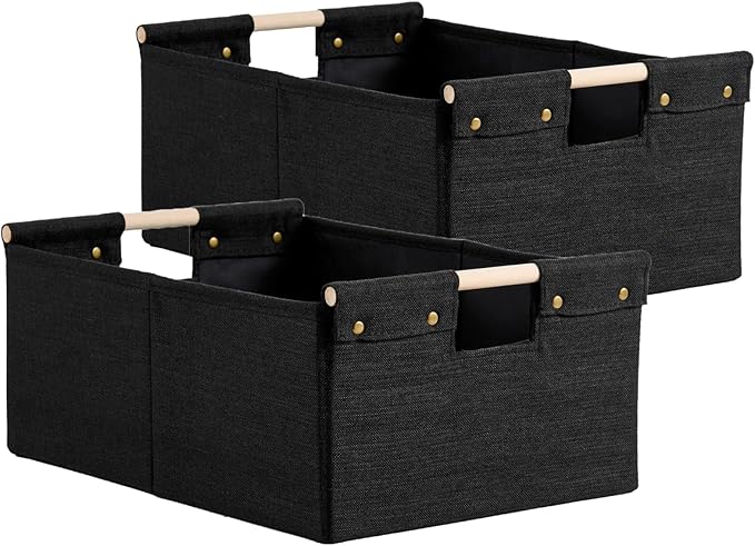 2PCS Storage Bins Cotton Linen Fabric Storage Boxes Basket with Wooden Handles Foldable Washable Decorative Shelf Container Closet Clothes Organizer Home Laundry (Large Size, Black)