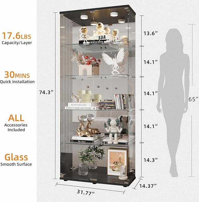 LFT HUIMEI2Y Glass Display Cabinet 5-Shelf with LED Light, Mirror and Lock, 2 Door Curio Cabinets, Tempered Glass Collection Display Showcase for Bedroom, Living Room Black