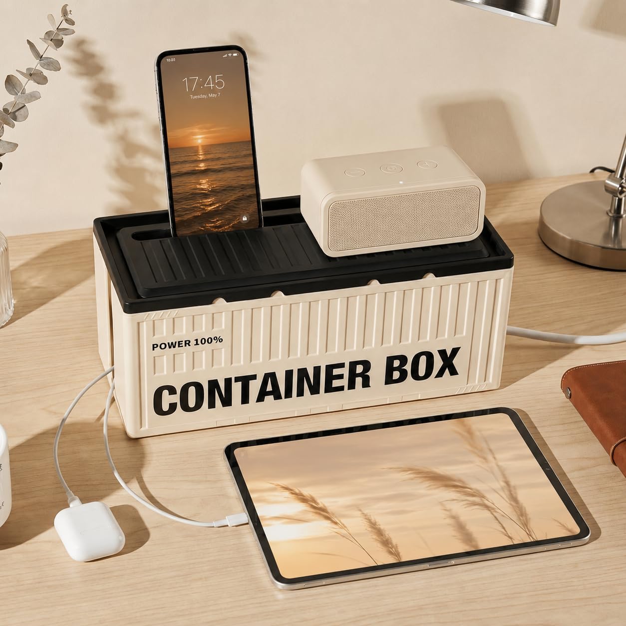 Cable Management Box with Phone Slot — Large Cord Organizer for Desk & Home Office, 12.8"×5.5", Cream White
