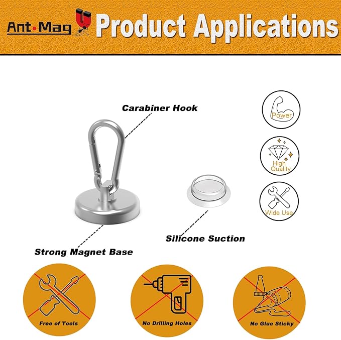 Ant Mag Magnet Hooks 160LBS with Suctions Heavy Duty Neodymium Magnet with Swivel Carabiner Snap Hook for Indoor/Outdoor Hanging Bag Kitchen Garage Cruise Ship (2 Pack)