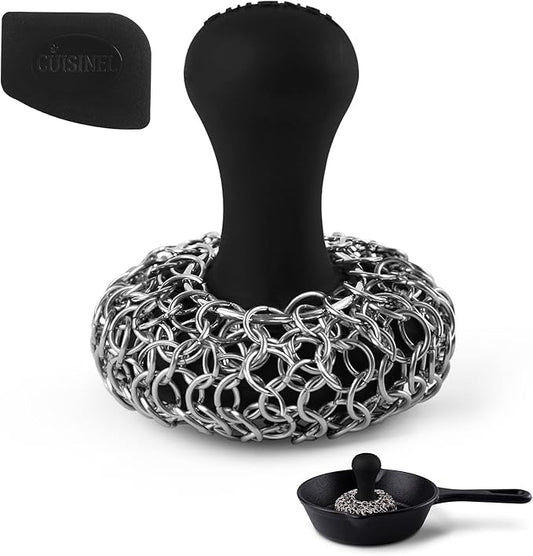 Cuisinel Cast Iron Chainmail Scrubber + Pan Scraper - Ergonomic Design Stainless/Silicone Cleaner for Pots & Skillets - Easy to Clean, Dishwasher Safe, Cookware Sponge Accessory