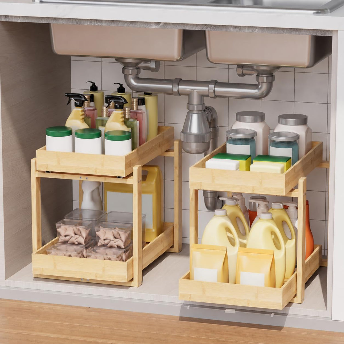 Bamboo Under Sink Organizer 2 Tier Pull Out Cabinet - Image 1