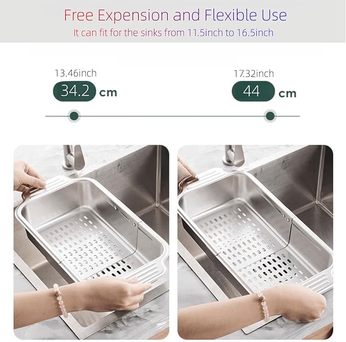 Extendable Over the Sink Colander Strainer Basket, Stainless Steel Retractable Kitchen Sink Basket - Wash Vegetables, Fruits, Drain Pasta and Dry Dishes (L)