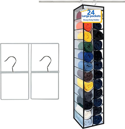Closet Organization, 24 Section Hanging Closet Organizer, Space Saving, College Dorm Essentials, Heavy Duty Hooks Up to 45 Pounds, White/Black