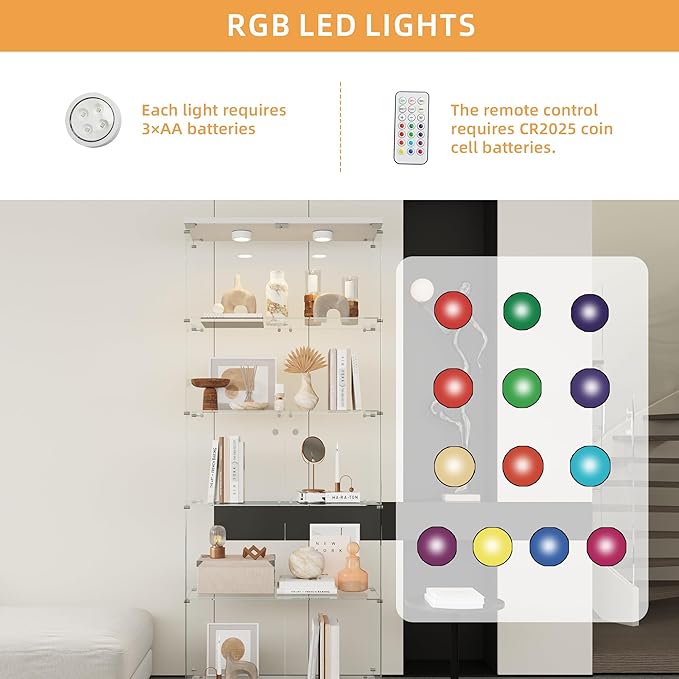 LFT HUIMEI2Y Glass Display Cabinet 5-Shelf with LED Lights and Lock, 2 Door Curio Cabinets Upgraded Quick-Install Style Tempered Glass Floor Standing Bookshelf for Living Room, Bedroom, Kitchen White